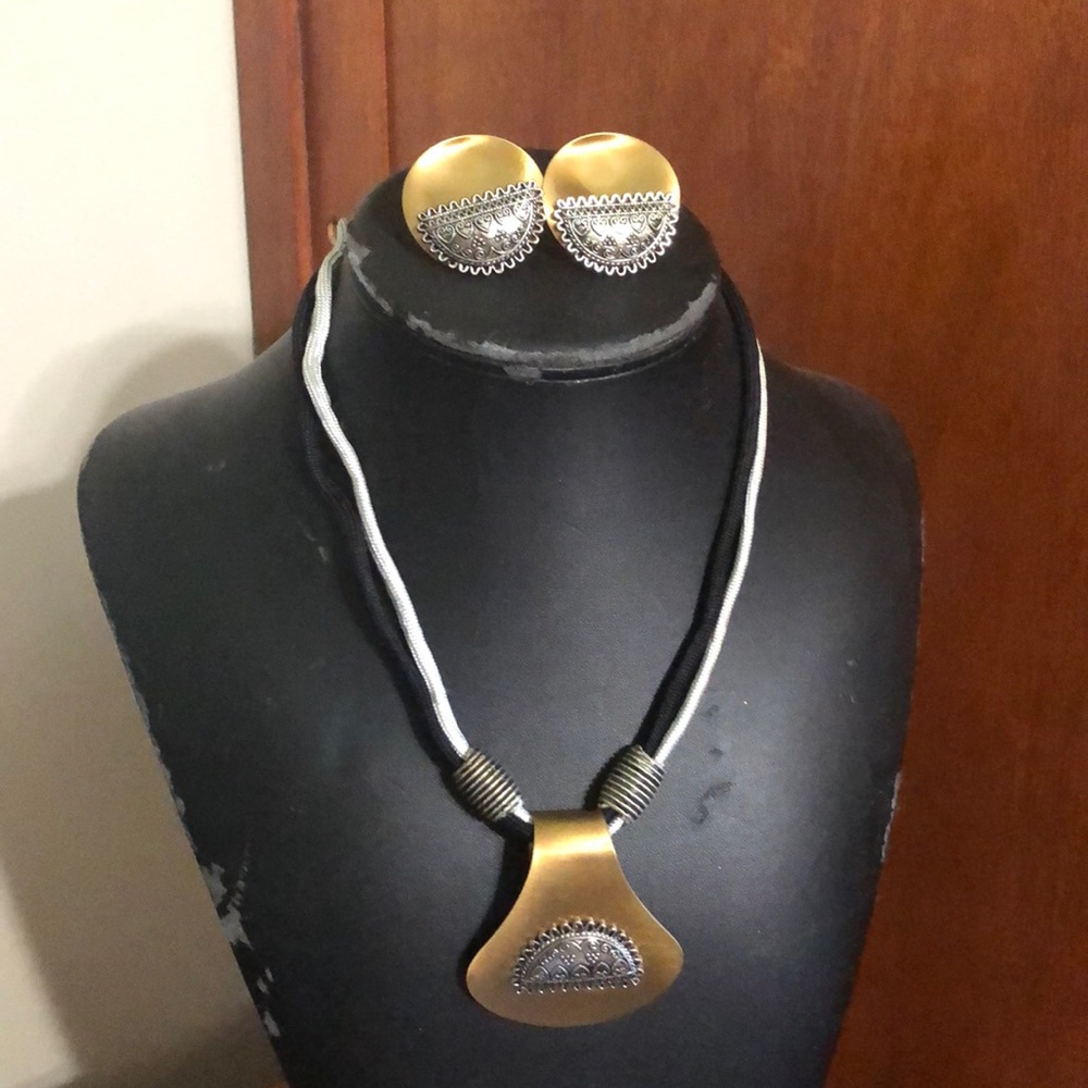 Brass and silver necklace and earrings set of 3